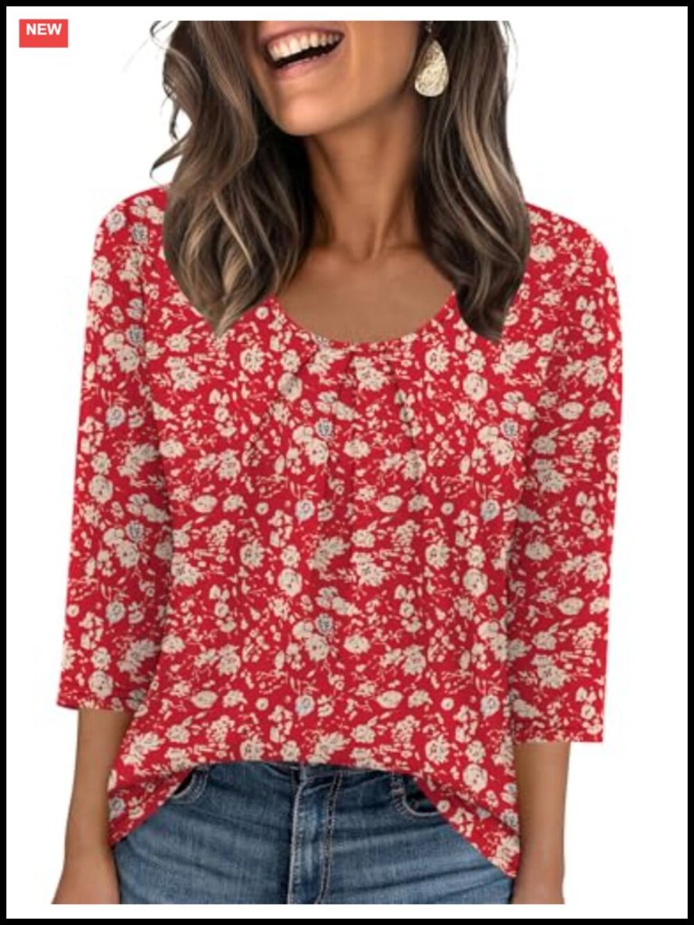 LOMON Womens 3/4 Sleeve Pleated Scoop Neck Loose Fit Tunic Top Blouse